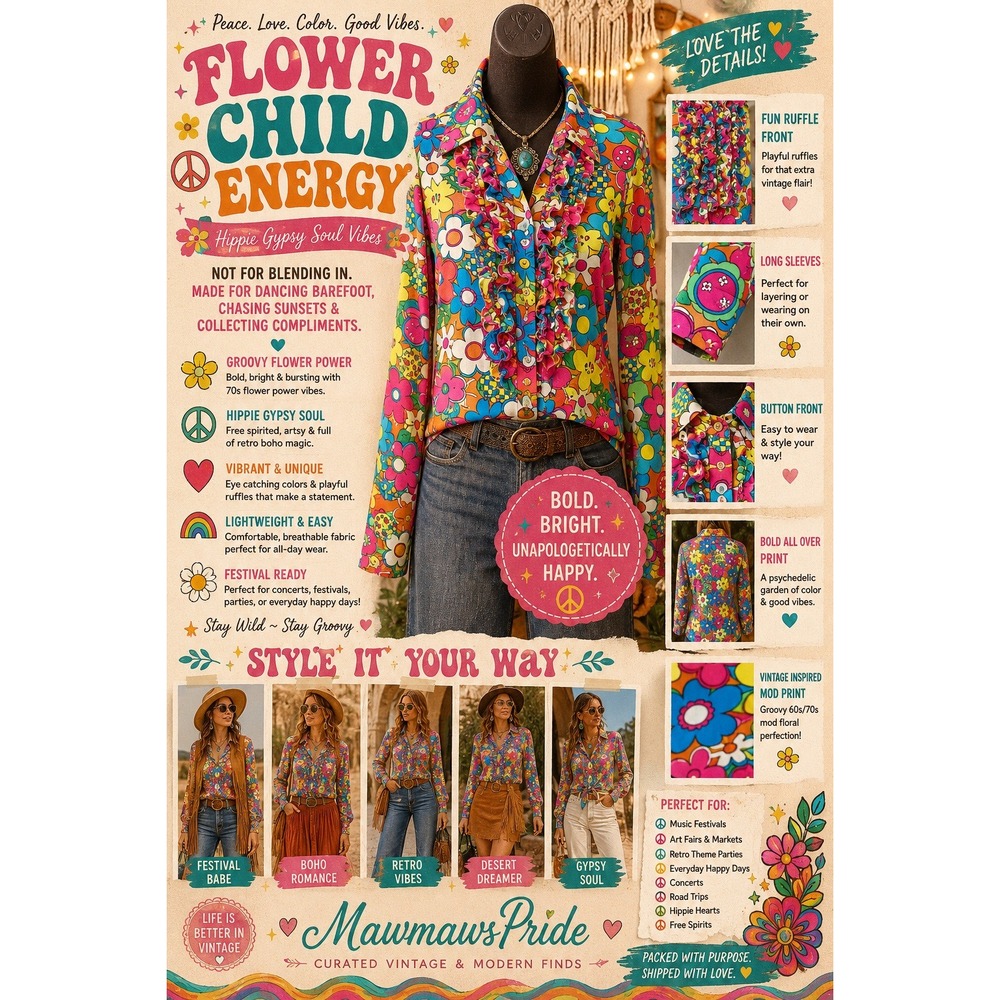 Vintage 70s Inspire Mod Flower Power Ruffle Blouse Hippie Gypsy Boho Retro Disco
